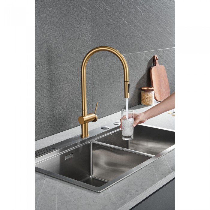 Μπαταρία Κουζίνας με Αποσπώμενο Τηλέφωνο 2 Ροών PVD Χρυσό Ματ Imex BERNA GCE026/OC