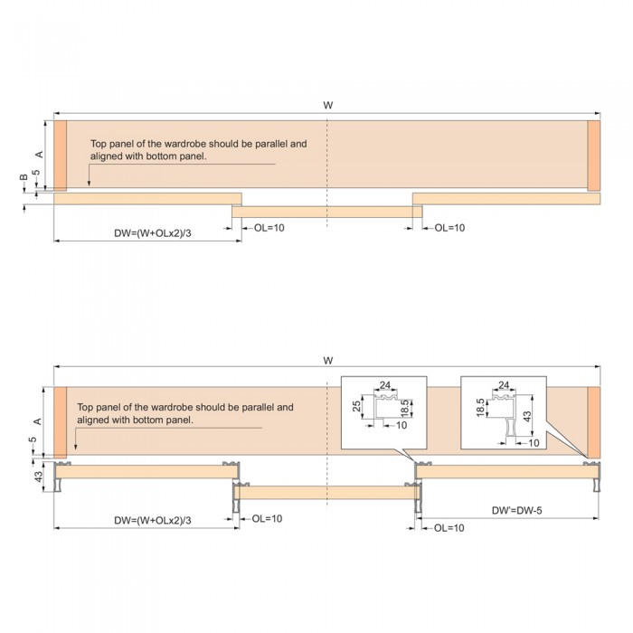 Μηχανισμός συρόμενης Τρίφυλλης ντουλάπας βαρέως τύπου OPK Ocean 1 σε Χρώμα Προφίλ Φυσικό Αλουμίνιο