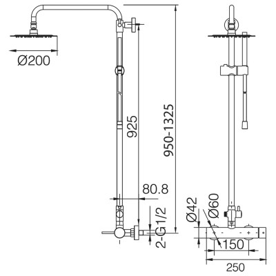 Στήλη Ντους 2 Εξόδων με Ρυθμιζόμενη Τηλεσκοπική Βέργα 95-132.5εκ Χρωμέ IMEX MILOS BDYS045