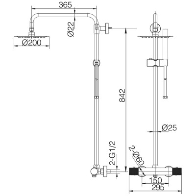 Στήλη Ντους Θερμοστατική 2 Εξόδων με Ρυθμιζόμενη Τηλεσκοπική Βέργα 115-165 εκ. PVD Black Gun Metal IMEX LINE BTD038/BGM
