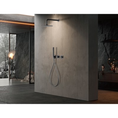 Σετ Εντοιχισμού Ντουζιέρας Θερμοστατική 2 Εξόδων με Μίκτη, Τηλέφωνο & Κεφαλή Στρόγγυλη Τοίχου Ø25εκ. PVD Black Gun Metal IMEX ASSEN GTA052/BGΜ