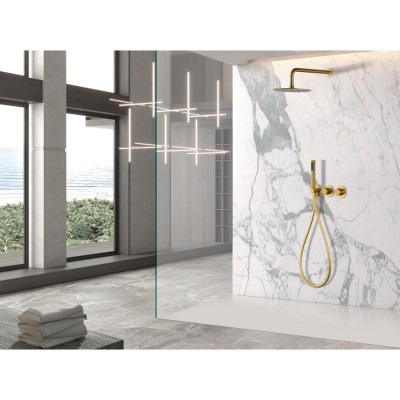 Σετ Εντοιχισμού Ντουζιέρας Θερμοστατική 2 Εξόδων με Μίκτη, Τηλέφωνο & Κεφαλή Στρόγγυλη Τοίχου Ø25εκ. PVD Χρυσό Ματ IMEX ASSEN GTA052/OC