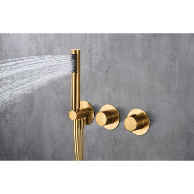 Σετ Εντοιχισμού Ντουζιέρας Θερμοστατική 2 Εξόδων με Μίκτη, Τηλέφωνο & Κεφαλή Στρόγγυλη Τοίχου Ø25εκ. PVD Χρυσό Ματ IMEX ASSEN GTA052/OC