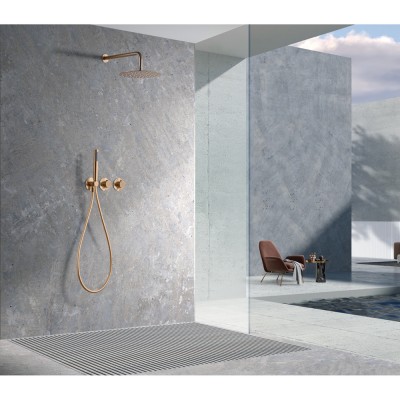 Σετ Εντοιχισμού Ντουζιέρας Θερμοστατική 2 Εξόδων με Μίκτη, Τηλέφωνο & Κεφαλή Στρόγγυλη Τοίχου Ø25εκ. PVD Ροζ Χρυσό Ματ/ Χαλκού IMEX ASSEN GTA052/ORC