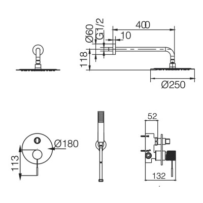 Σετ Εντοιχισμού Ντουζιέρας Θερμοστατική 2 Εξόδων με Μίκτη, Τηλέφωνο & Κεφαλή Στρόγγυλη Τοίχου Ø25εκ. PVD Ροζ Χρυσό Ματ/ Χαλκού IMEX LINE GTD038/ORC