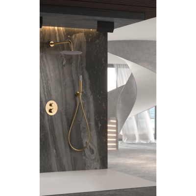 Σετ Εντοιχισμού Ντουζιέρας Θερμοστατική 2 Εξόδων με Μίκτη, Τηλέφωνο & Κεφαλή Στρόγγυλη Τοίχου Ø25εκ. PVD Χρυσό Ματ IMEX GENOVA GTG053/OC