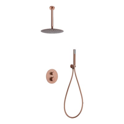 Σετ Εντοιχισμού Ντουζιέρας Θερμοστατική 2 Εξόδων με Μίκτη, Τηλέφωνο & Κεφαλή Στρόγγυλη Οροφής Ø25εκ. PVD Ροζ Χρυσό Ματ/ Χαλκού IMEX TOP GTQ038/ORC