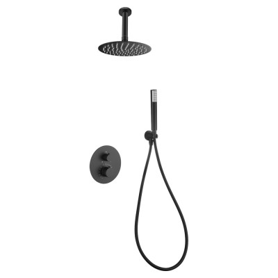 Σετ Εντοιχισμού Ντουζιέρας Θερμοστατική 2 Εξόδων με Μίκτη, Τηλέφωνο & Κεφαλή Στρόγγυλη Οροφής Ø25εκ. Μαύρο Ματ IMEX PIAMONTE GTT039/NG