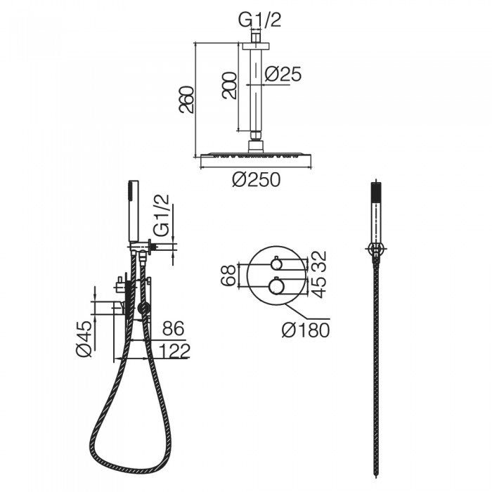 Σετ Εντοιχισμού Ντουζιέρας Θερμοστατική 2 Εξόδων με Μίκτη, Τηλέφωνο & Κεφαλή Στρόγγυλη Οροφής Ø25εκ. Μαύρο Ματ IMEX PIAMONTE GTT039/NG