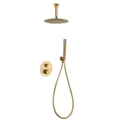 Σετ Εντοιχισμού Ντουζιέρας Θερμοστατική 2 Εξόδων με Μίκτη, Τηλέφωνο & Κεφαλή Στρόγγυλη Οροφής Ø25εκ. PVD Χρυσό Ματ IMEX PIAMONTE GTT039/OC