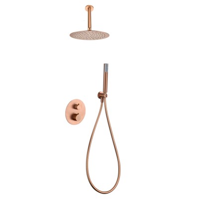 Σετ Εντοιχισμού Ντουζιέρας Θερμοστατική 2 Εξόδων με Μίκτη, Τηλέφωνο & Κεφαλή Στρόγγυλη Οροφής Ø25εκ. PVD Ροζ Χρυσό Ματ/ Χαλκού IMEX PIAMONTE GTT039/ORC