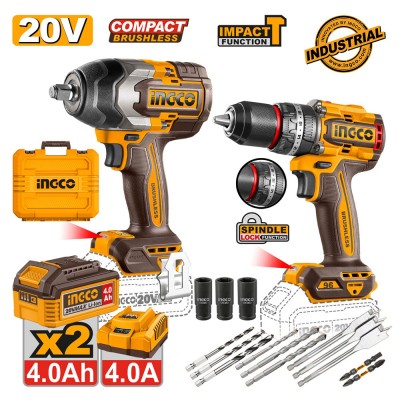 Σετ Κρουστικό Δραπανοκατσάβιδο Compact & Κρουστικό Μπουλονόκλειδο Brushless Μπαταρίας 20V Li-Ion 2x4Ah Ingco COSLI250586E