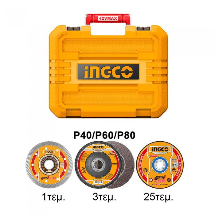 Γωνιακός Τροχός Μπαταρίας 42V Li-Ion INGCO CAGLI4128112E