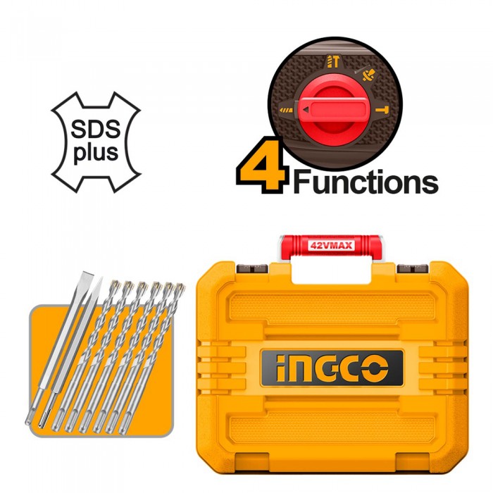 Πιστολέτο Περιστροφικό Κρουστικό Σκαπτικό Μπαταρίας 42V Li-Ion INGCO CRHLI422682E