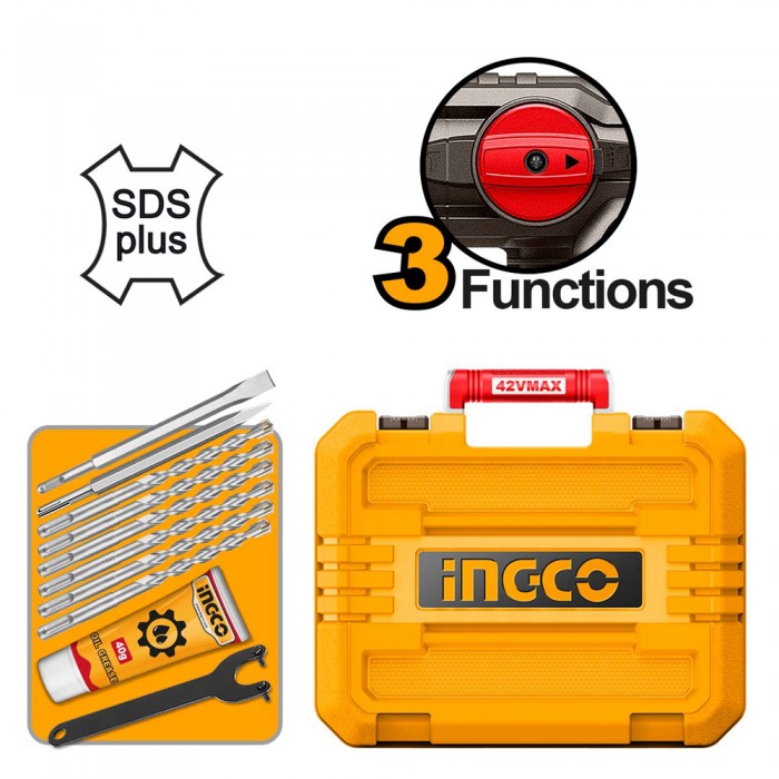 Πιστολέτο Περιστροφικό Κρουστικό Σκαπτικό Μπαταρίας 42V Li-Ion INGCO CRHLI422882E