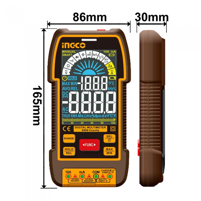 Ψηφιακό Πολύμετρο 1000V True RMS με Μέτρηση AC/DC/ Αντίστασης/ Χωρητικότητας/ Συχνότητας/ Θερμοκρασίας/ NCV INGCO DM110004