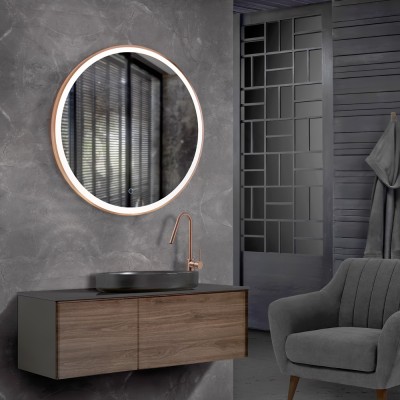 Καθρέφτης Στρογγυλός με Μπροστινό Φωτισμό Μέσω Αμμοβολής και Πλαίσιο Αλουμινίου 3LED (Θερμό, Φυσικό Λευκό και Ψυχρό φως) Ροζ Χρυσό Ø600mm LEDIMEX PARIS PARI020/60OR