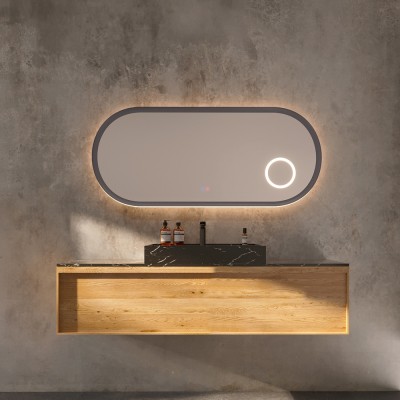 Καθρέφτης Οβάλ με Πλαίσιο Γκρι με Κρυφό και Περιμετρικό Φωτισμό 3LED (Θερμό, Φυσικό Λευκό και Ψυχρό φως) στην Πίσω Πλευρά του Πλαισίου και Μεγεθυντικό Καθρέφτη x3 με LED 600x1200mm LEDIMEX RIMINI RIMI040/120GCB