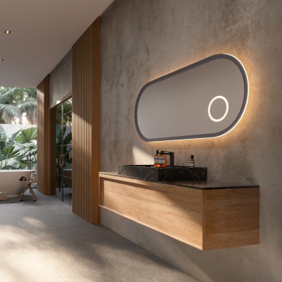 Καθρέφτης Οβάλ με Πλαίσιο Γκρι με Κρυφό και Περιμετρικό Φωτισμό 3LED (Θερμό, Φυσικό Λευκό και Ψυχρό φως) στην Πίσω Πλευρά του Πλαισίου και Μεγεθυντικό Καθρέφτη x3 με LED 600x1200mm LEDIMEX RIMINI RIMI040/120GCB