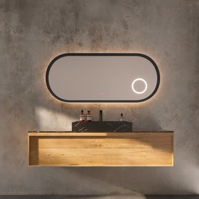 Καθρέφτης Οβάλ με Πλαίσιο Μαύρο Ματ με Κρυφό και Περιμετρικό Φωτισμό 3LED (Θερμό, Φυσικό Λευκό και Ψυχρό φως) στην Πίσω Πλευρά του Πλαισίου και Μεγεθυντικό Καθρέφτη x3 με LED 600x1200mm LEDIMEX RIMINI RIMI040/120NG