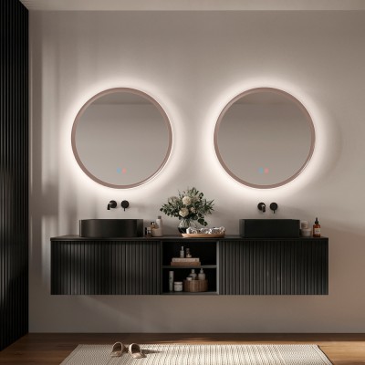 Καθρέφτης Στρογγυλός με Πλαίσιο Μόκα με Κρυφό και Περιμετρικό Φωτισμό 3LED (Θερμό, Φυσικό Λευκό και Ψυχρό φως) στην Πίσω Πλευρά του Πλαισίου ø800mm LEDIMEX TORINO TORI037/80MK