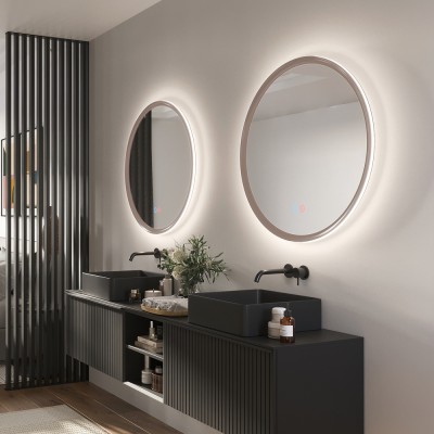 Καθρέφτης Στρογγυλός με Πλαίσιο Μόκα με Κρυφό και Περιμετρικό Φωτισμό 3LED (Θερμό, Φυσικό Λευκό και Ψυχρό φως) στην Πίσω Πλευρά του Πλαισίου ø800mm LEDIMEX TORINO TORI037/80MK