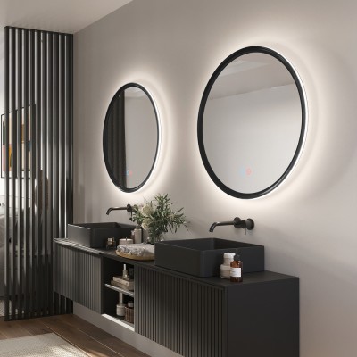 Καθρέφτης Στρογγυλός με Πλαίσιο Μαύρο Ματ με Κρυφό και Περιμετρικό Φωτισμό 3LED (Θερμό, Φυσικό Λευκό και Ψυχρό φως) στην Πίσω Πλευρά του Πλαισίου ø800mm LEDIMEX TORINO TORI037/80NG