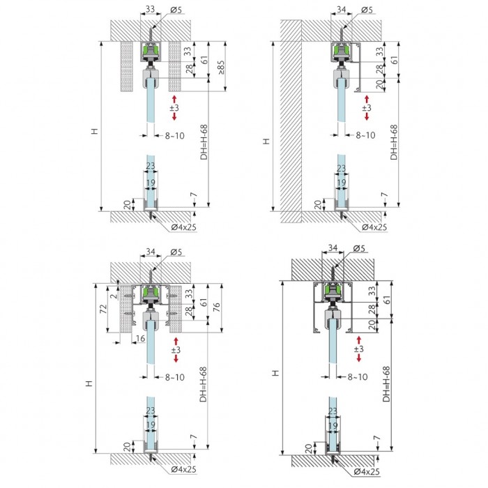 Σύστημα Ολίσθησης Οροφής Γυάλινης Πόρτας ≥580mm Πλάτος και 80Kg Βάρος για Γυαλί Πάχους 8-10mm Spaceship 80