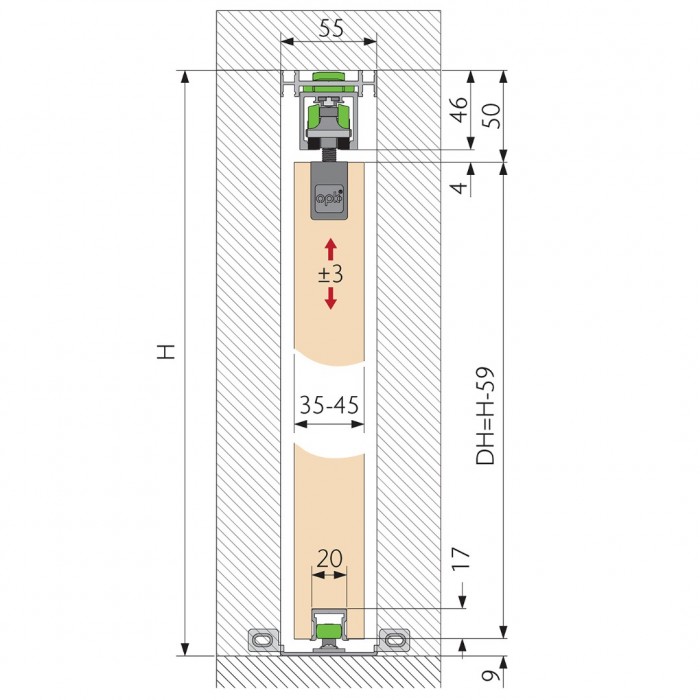 Σύστημα Ολίσθησης Minimal Pocket Spaceship 80 Χωνευτής (Σε τοιχοποιία) Ξύλινης Πόρτας εως100cm Πλάτος και 80Kg Βάρος για 35-45mm Πάχος Ξύλου