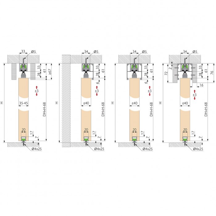 Σύστημα Ολίσθησης Οροφής OPK Ξύλινης Πόρτας για Πλάτος Φύλου από 58cm - 100cm 80Kg Βάρος και 35-45mm Πάχος ξύλου Spaceship 80
