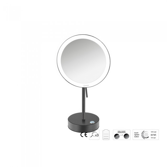 Επικαθήμενος Μεγεθυντικός Καθρέπτης x3 με LED με μπαταρίες Ø20xD12xΗ36.5cm Graphite Dark Sanco LED Cosmetic mirrors MRLED-903-122