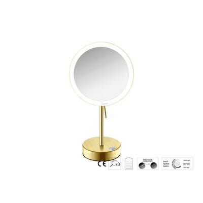 Επικαθήμενος Μεγεθυντικός Καθρέπτης x3 με LED με μπαταρίες Ø20xD12xΗ36.5cm PVD Golden Brass Brushed Sanco LED Cosmetic mirrors MRLED-903-PVD-02BR