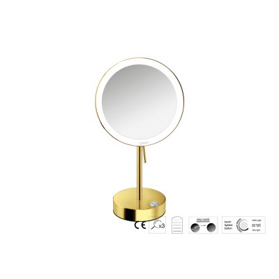 Επικαθήμενος Μεγεθυντικός Καθρέπτης x3 με LED με μπαταρίες Ø20xD12xΗ36.5cm PVD Golden Brass Polished Sanco LED Cosmetic mirrors MRLED-903-PVD-02PL