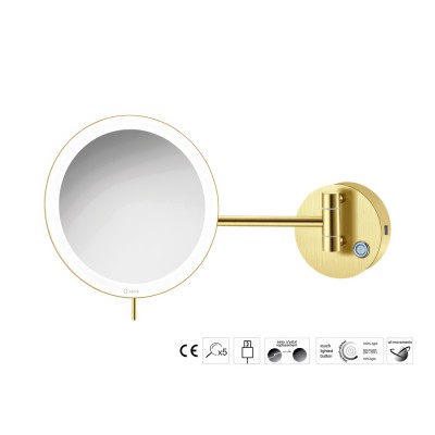 Επιτοίχιος Μεγεθυντικός Καθρέπτης x3 με LED (Φόρτιση με USB) Ø20xD33.5cm PVD Golden Brass Brushed Sanco LED Cosmetic mirrors MRLED-905-PVD-02BR