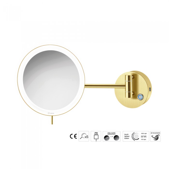 Επιτοίχιος Μεγεθυντικός Καθρέπτης x3 με LED (Φόρτιση με USB) Ø20xD33.5cm PVD Golden Brass Brushed Sanco LED Cosmetic mirrors MRLED-905-PVD-02BR