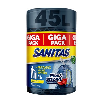 Σακούλες Σκουπιδιών με Κορδόνι Μεγάλες για Κάδους Κουζίνας 45lt 52x75cm με Ανάγλυφη Υφή Μπλε 30τεμ SANITAS Flex & Strong 8571061274