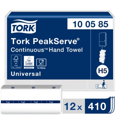 Χειροπετσέτα Λευκή 1φυλλη W -Fold 22,5x20,1cm 12x410τεμ Tork PeakServe® Continuous™  100585
