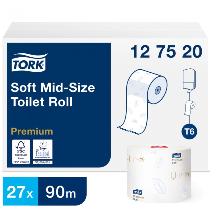 Ρολό Υγείας Λευκό 2φυλλο 90m 27 Ρολά Tork Soft Mid-size 127520
