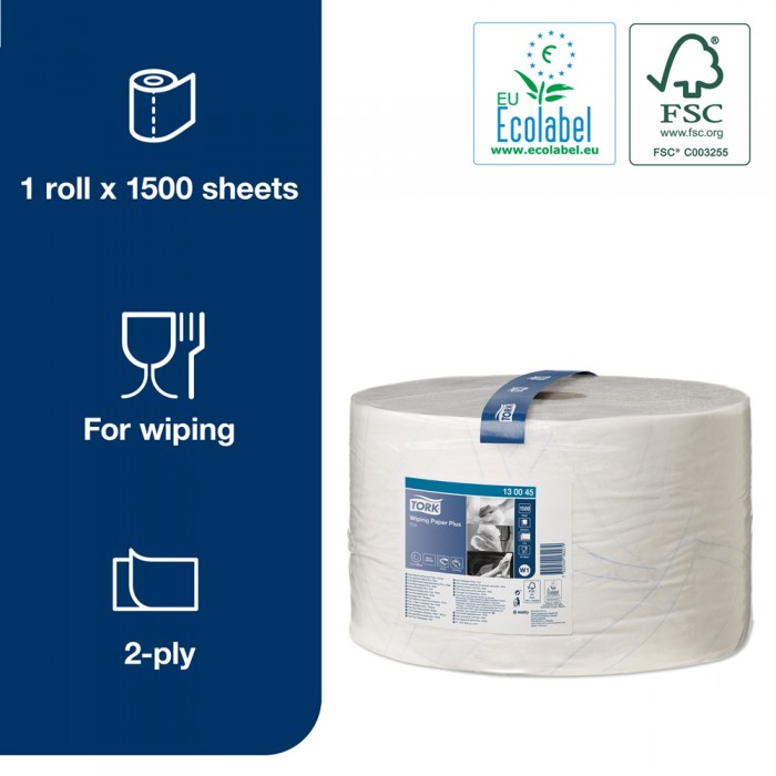 Βιομηχανικό Ρολό Λευκό 2φυλλο 510m 1 Ρολό Tork Wiping Paper Plus 130045