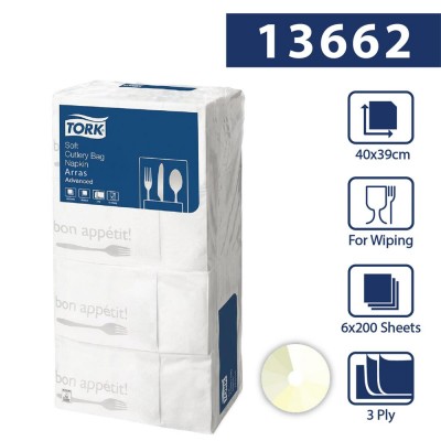 Χαρτοπετσέτα Λευκή 3φυλλη 40x40cm 6x200τεμ Tork Cutlery Bag Bon Appetit 13662