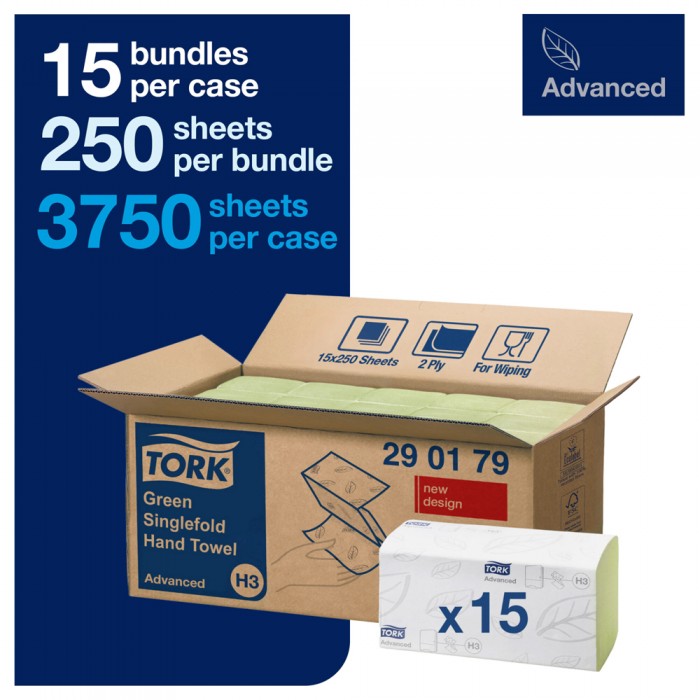 Χειροπετσέτα Πράσινη 2φυλλη V-Fold (Zig Zag) 23x24,8cm 250τεμ Tork 290179