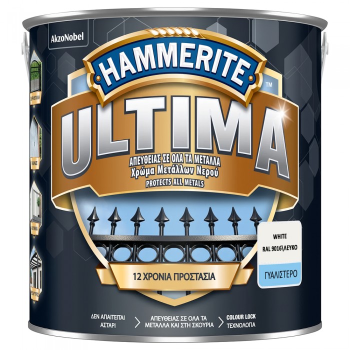 Αντισκωριακό Χρώμα Μετάλλων Βάσεως Νερού HAMMERITE ULTIMA SMOOTH WHITE Ral 9016 2.5lt