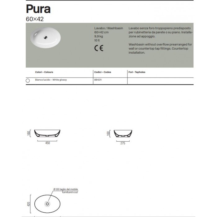 Νιπτήρας μπάνιου PURA COLOR 60 x 42 εκ. 8842-301  White Matt