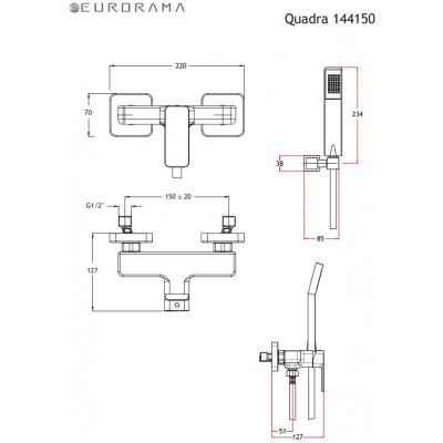 Μπαταρία ντουσιέρας Eurorama Quadra 144150-400 black matt 