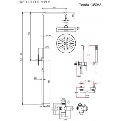 Στήλη ντους με Μπαταρία και κολώνα με ρυθμιζόμενο ύψος από 83cm - 144cm Eurorama Tonda 145065-400 black matt 