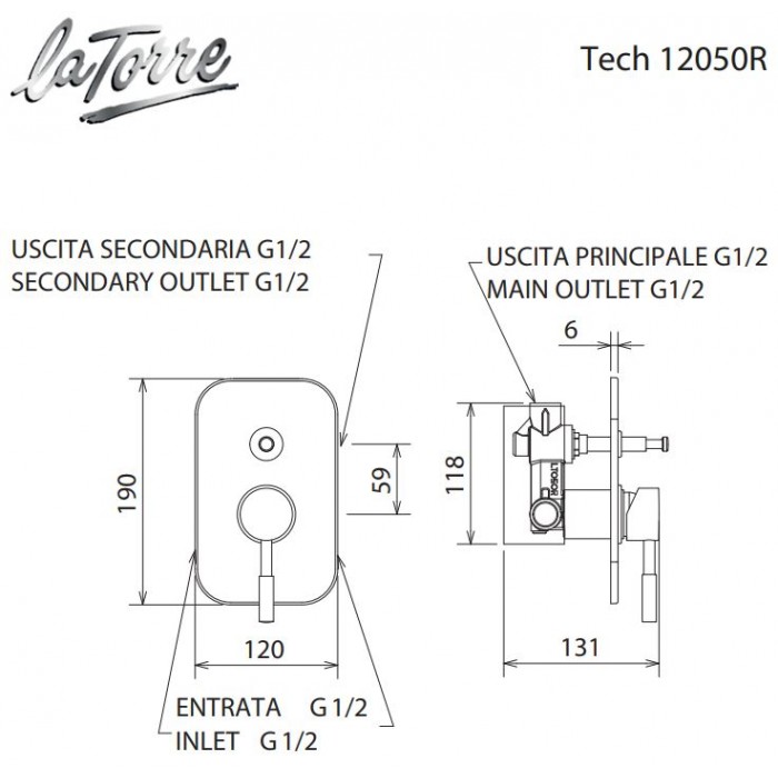 Μίκτης εντοιχισμού 2 εξόδων La Torre New Tech 12050R-300 Λευκό ματ