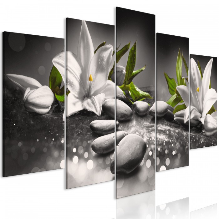 Πίνακας ζε καμβά - Lilies and Stones (5 Parts) Wide Grey