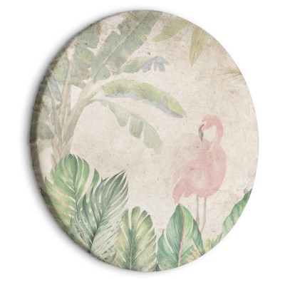 Στρογγυλός πίνακας - Birds wading among exotic flora - Flamingos amidst lush tropical vegetation in soft pastel shades of green/Birds in the jungle