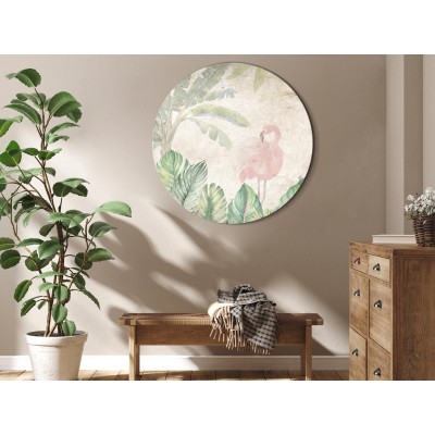 Στρογγυλός πίνακας - Birds wading among exotic flora - Flamingos amidst lush tropical vegetation in soft pastel shades of green/Birds in the jungle