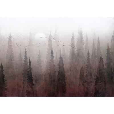 Φωτοταπετσαρία - Bird's flight over treetops - landscape of a dark forest in fog